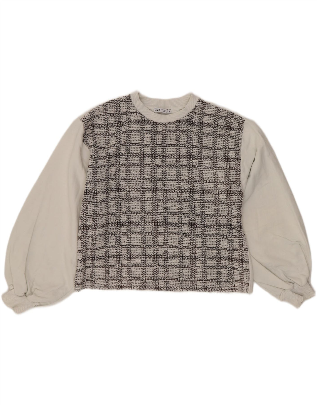 Zara Womens Crop Oversized Sweatshirt Jumper UK 10 Small White Check Cotton