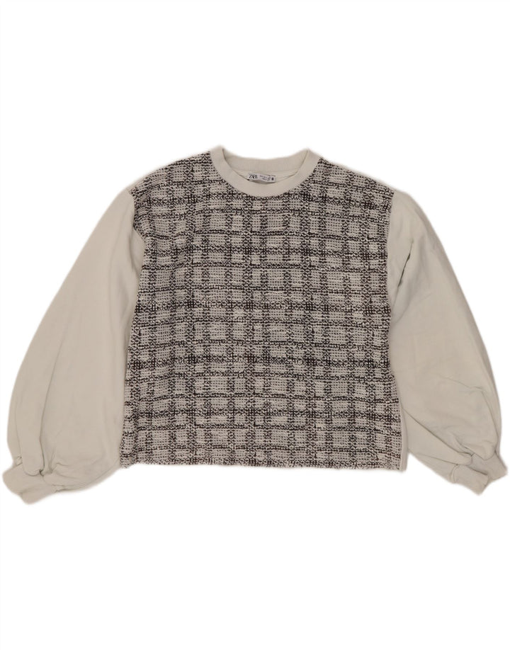 Zara Womens Crop Oversized Sweatshirt Jumper UK 10 Small White Check Cotton