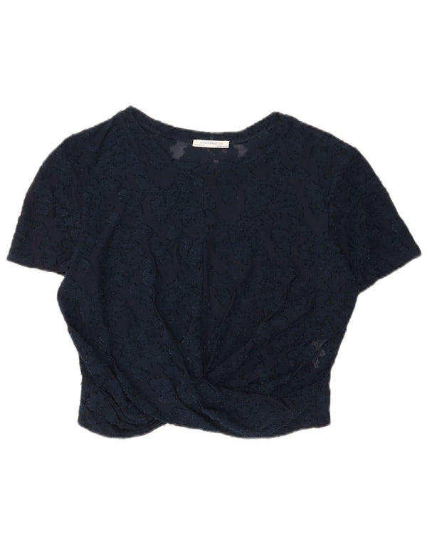 Zara Womens Crop Lace Blouse Top UK 14 Large Navy Blue Floral Polyester
