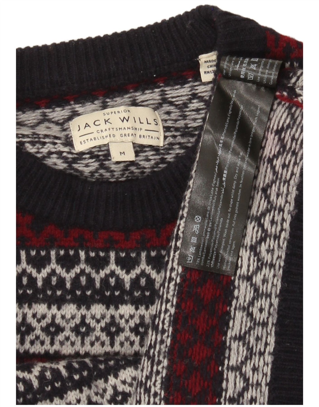 Jack Wills Mens Crew Neck Jumper Sweater Medium Navy Blue Fair Isle