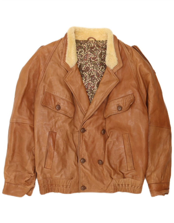 Vintage Mens Military Double Breasted Jacket UK 40 Large Beige Leather