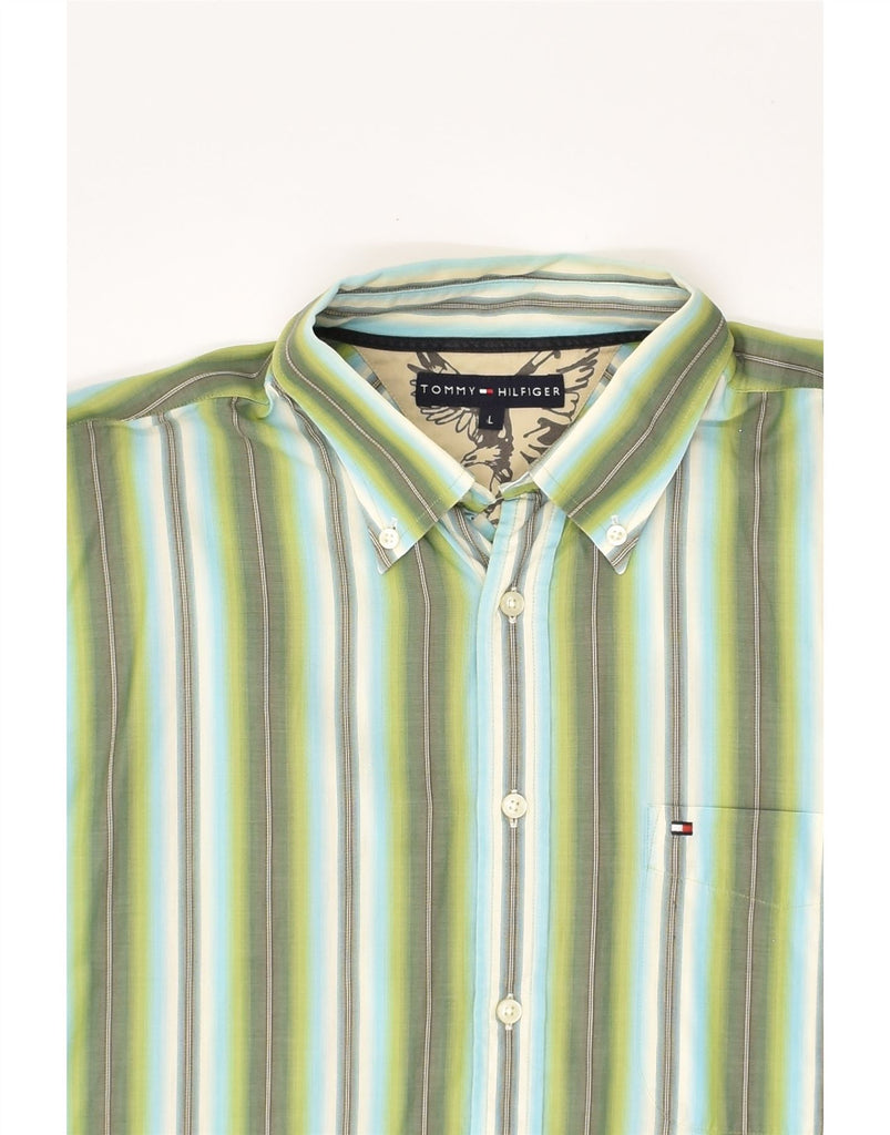 TOMMY HILFIGER Mens Shirt Large Green Striped Cotton | Vintage Tommy Hilfiger | Thrift | Second-Hand Tommy Hilfiger | Used Clothing | Messina Hembry 