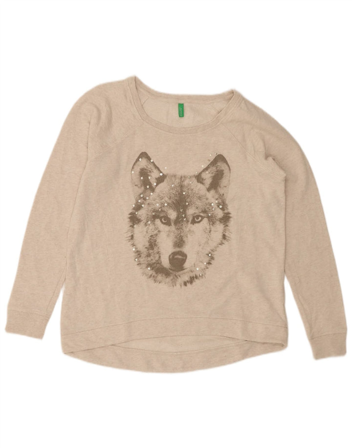 BENETTON Womens Graphic Sweatshirt Jumper UK 14 Medium Grey Animal Print