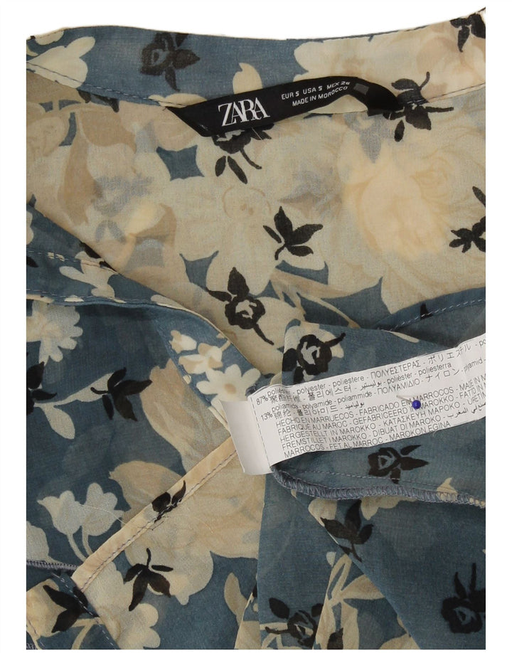 Zara Womens See Through Shirt Blouse UK 10 Small Blue Floral Polyester