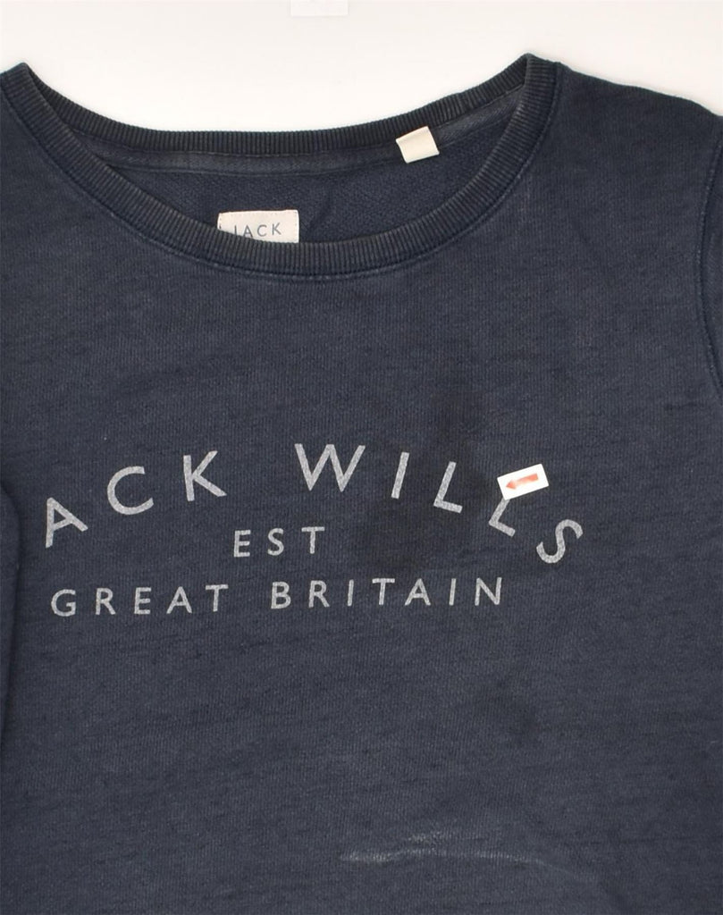 JACK WILLS Womens Graphic Sweatshirt Jumper UK 10 Small  Navy Blue Cotton | Vintage Jack Wills | Thrift | Second-Hand Jack Wills | Used Clothing | Messina Hembry 