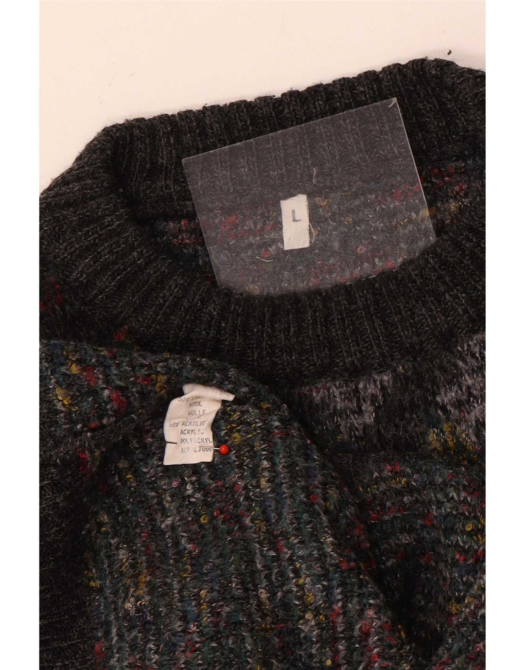 Vintage Mens Crew Neck Jumper Sweater Large Grey Argyle/Diamond Wool