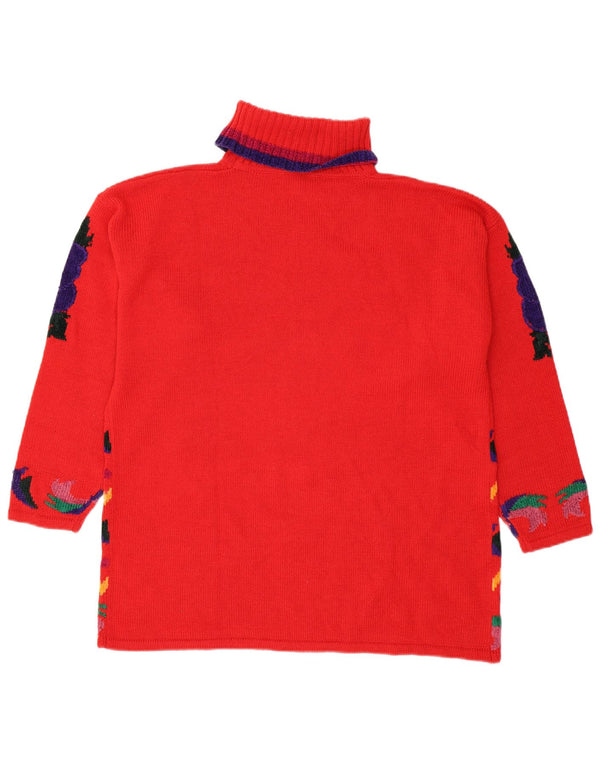 Vintage Womens Roll Neck Jumper Sweater UK 18 XL Red Floral Polyacrylic