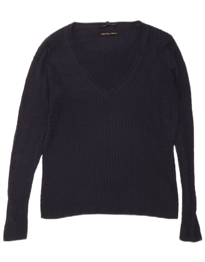 Massimo Dutti Womens V-Neck Jumper Sweater UK 14 Large Navy Blue Silk