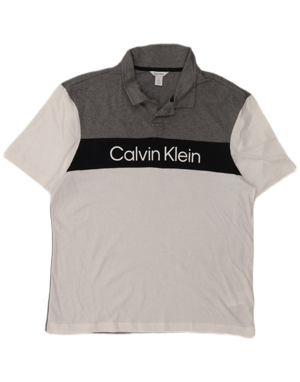 Calvin Klein Mens Graphic Polo Shirt Large White Colourblock Cotton
