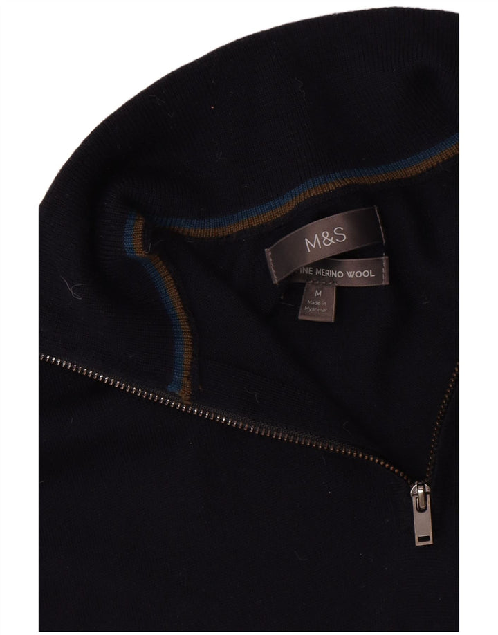 Marks & Spencer Mens Zip Neck Jumper Sweater Medium Navy Blue Merino Wool