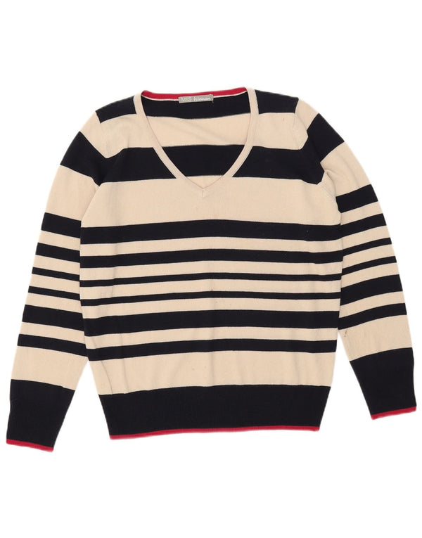 Marks & Spencer Womens V-Neck Jumper Sweater UK 12 Medium Off White Striped