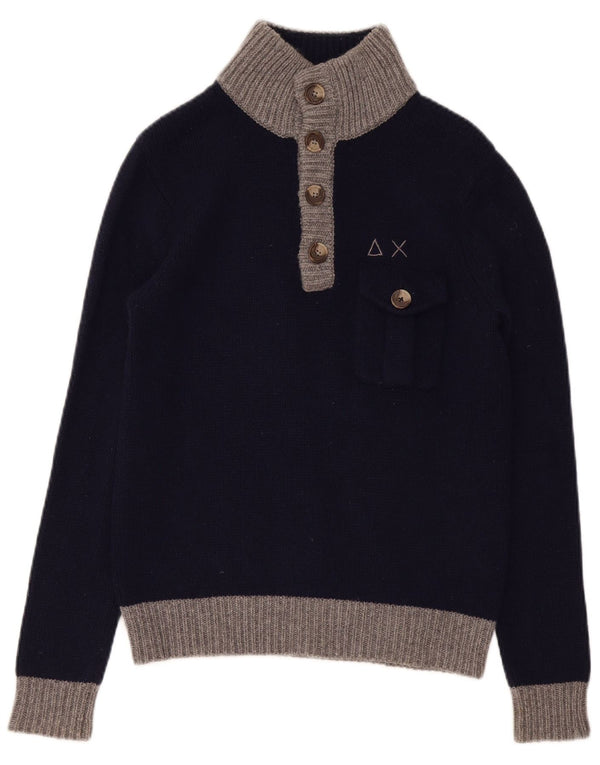 Sun68 Mens Regular Fit Button Neck Jumper Sweater Small Navy Blue Wool