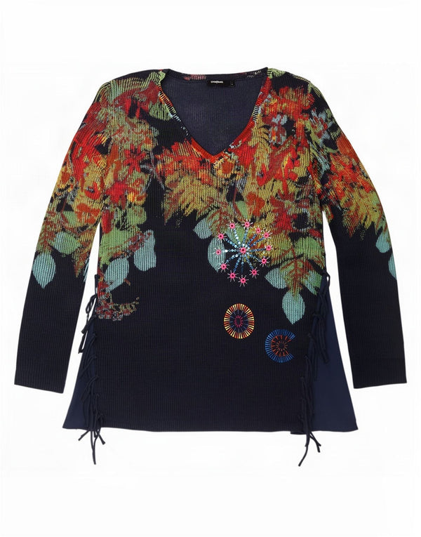 Desigual Womens V-Neck Jumper Sweater UK 14 Large Navy Blue Floral