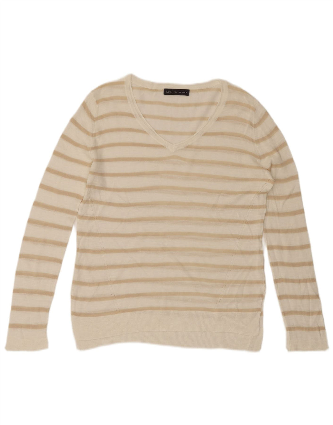MARKS & SPENCER Womens V-Neck Jumper Sweater UK 16 Large White Striped