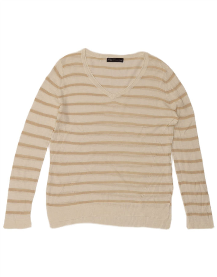 MARKS & SPENCER Womens V-Neck Jumper Sweater UK 16 Large White Striped