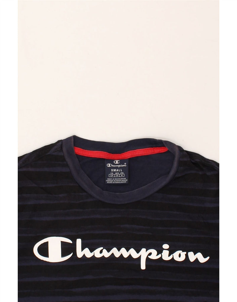 CHAMPION Mens Graphic T-Shirt Top Small Navy Blue Striped Cotton | Vintage Champion | Thrift | Second-Hand Champion | Used Clothing | Messina Hembry 