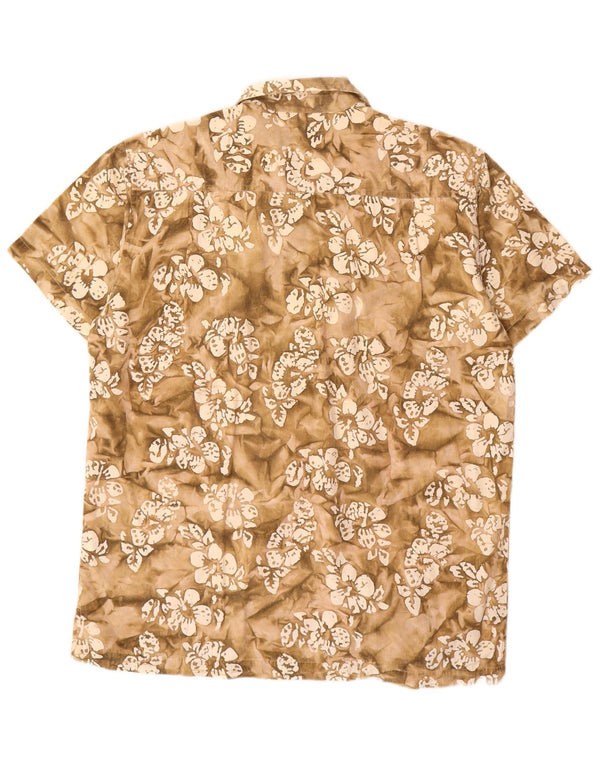 Vintage Mens Short Sleeve Shirt Large Beige Floral Cotton