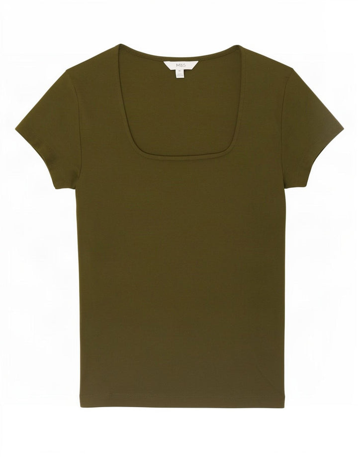 Marks & Spencer Womens T-Shirt Top UK 10 Small Khaki Cotton