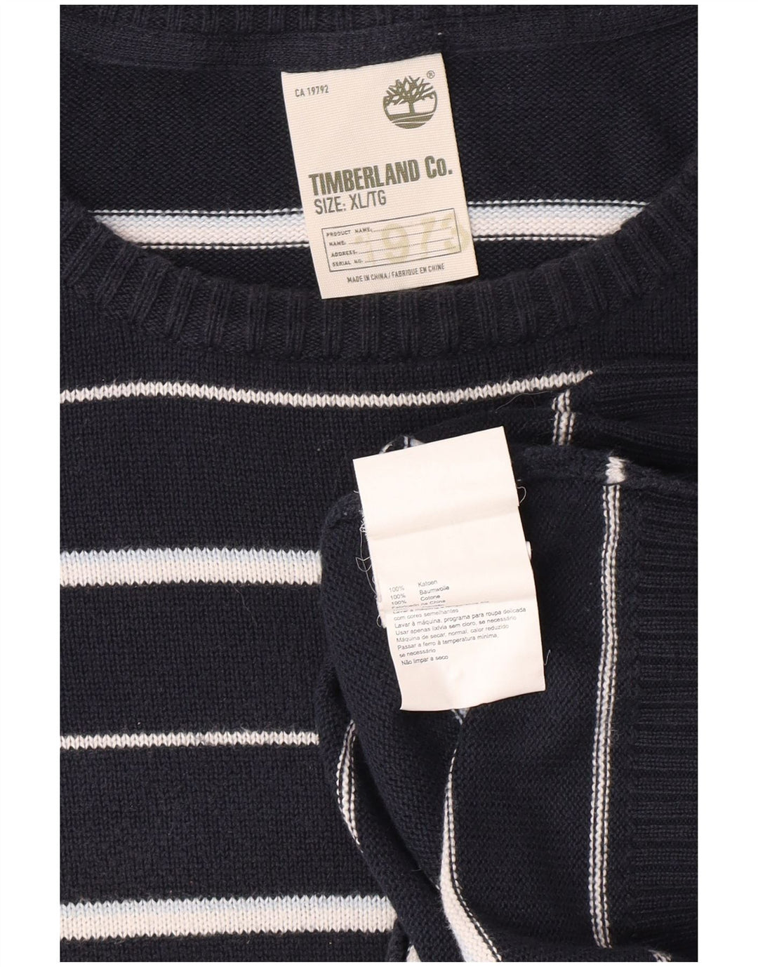 TIMBERLAND Mens Crew Neck Jumper Sweater XL Navy Blue Striped Cotton
