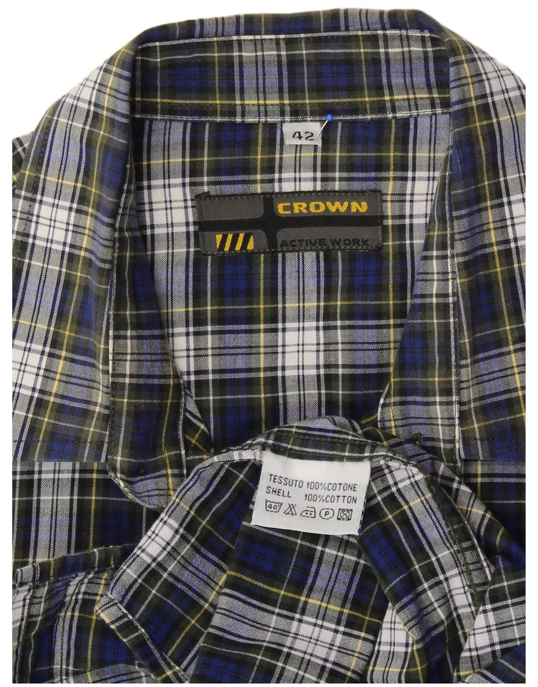 CROWN Mens Flannel Shirt Size 42 Large Navy Blue Check Cotton