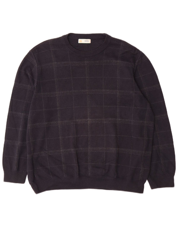 Marks & Spencer Mens Crew Neck Jumper Sweater XL Navy Blue Check Cotton