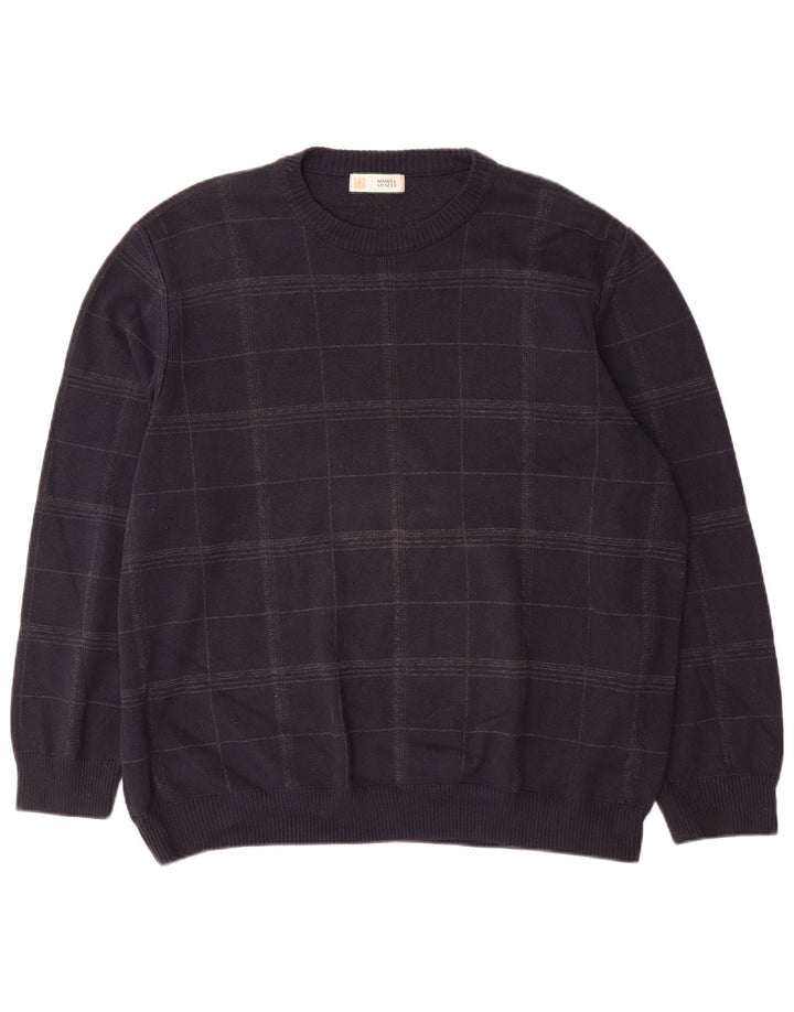 Marks & Spencer Mens Crew Neck Jumper Sweater XL Navy Blue Check Cotton