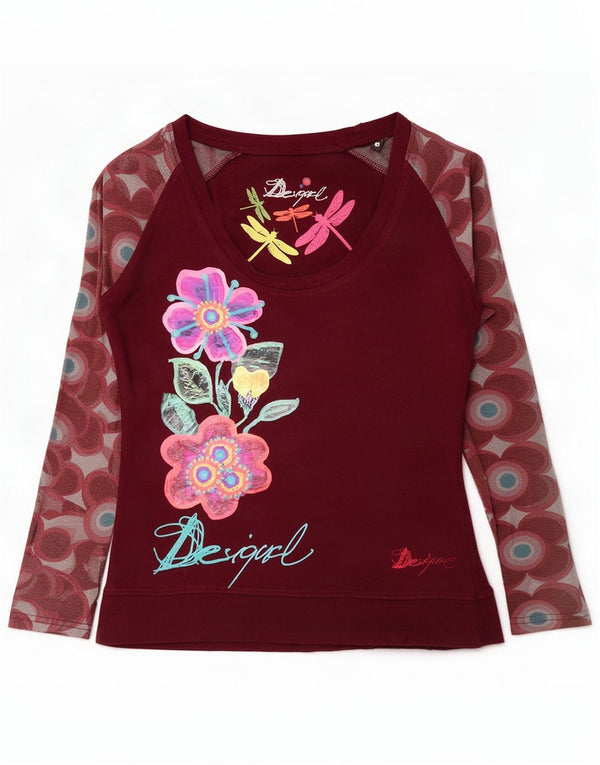 Desigual Womens Graphic Top Long Sleeve UK 12 Medium Burgundy