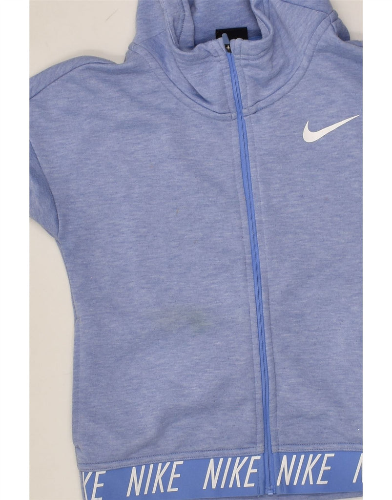 NIKE Girls Dri Fit Graphic Zip Hoodie Sweater 10-11 Years Medium Blue | Vintage Nike | Thrift | Second-Hand Nike | Used Clothing | Messina Hembry 