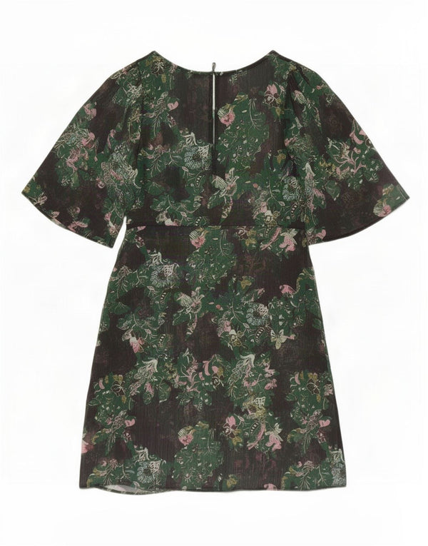 Zara Womens 3/4 Sleeve See Through A-Line Dress UK 6 XS Green Floral
