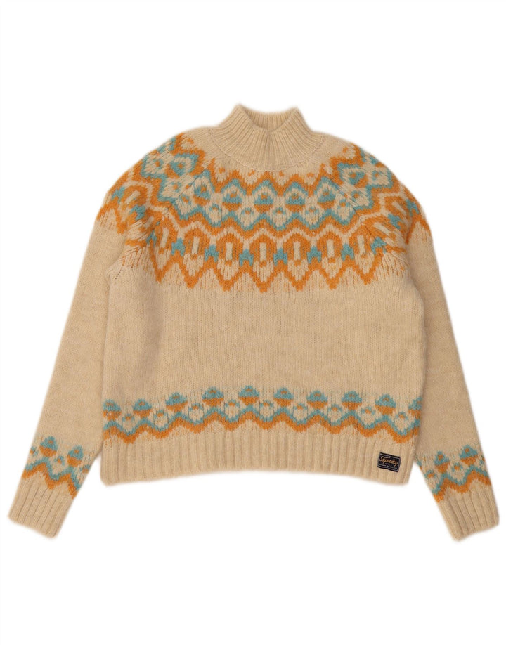 Superdry Womens Turtle Neck Jumper Sweater UK 12 Medium Beige Fair Isle