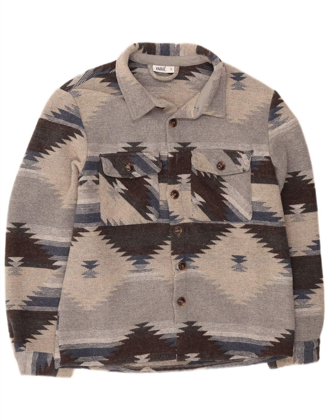 X-Mail Mens Overshirt Flannel Shirt Medium Grey Geometric Polyester