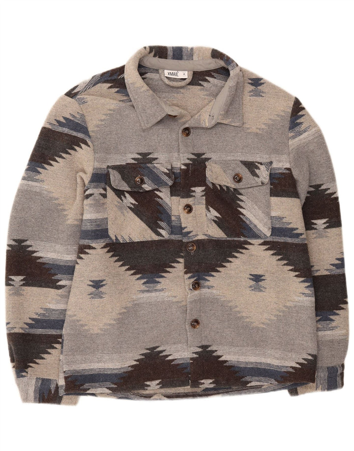 X-Mail Mens Overshirt Flannel Shirt Medium Grey Geometric Polyester