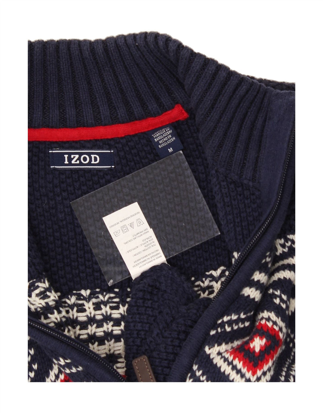 IZOD Mens Zip Neck Jumper Sweater Medium Navy Blue Fair Isle Cotton Vintage Izod and Second-Hand Izod from Messina Hembry 