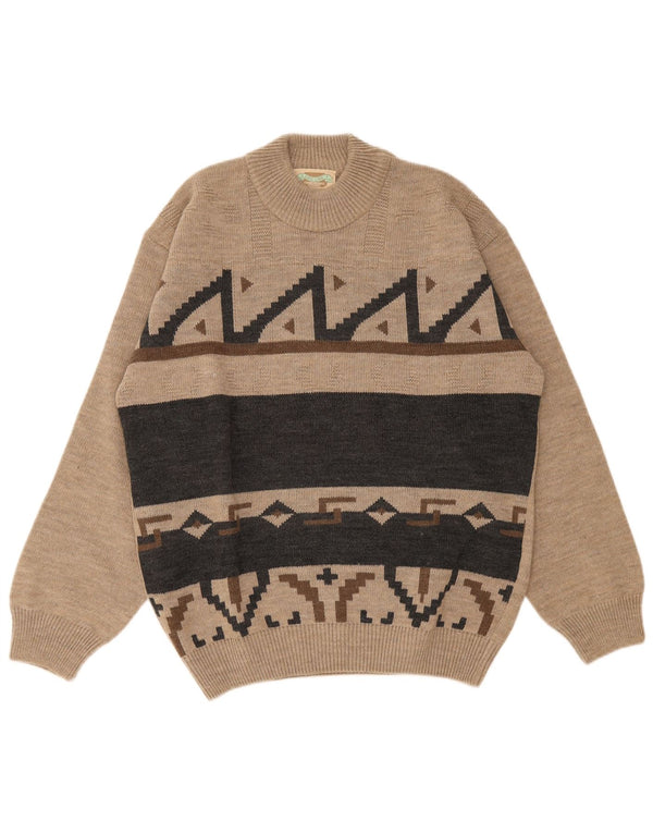 Life Line Mens Crew Neck Jumper Sweater IT 50 Medium Beige Geometric Wool