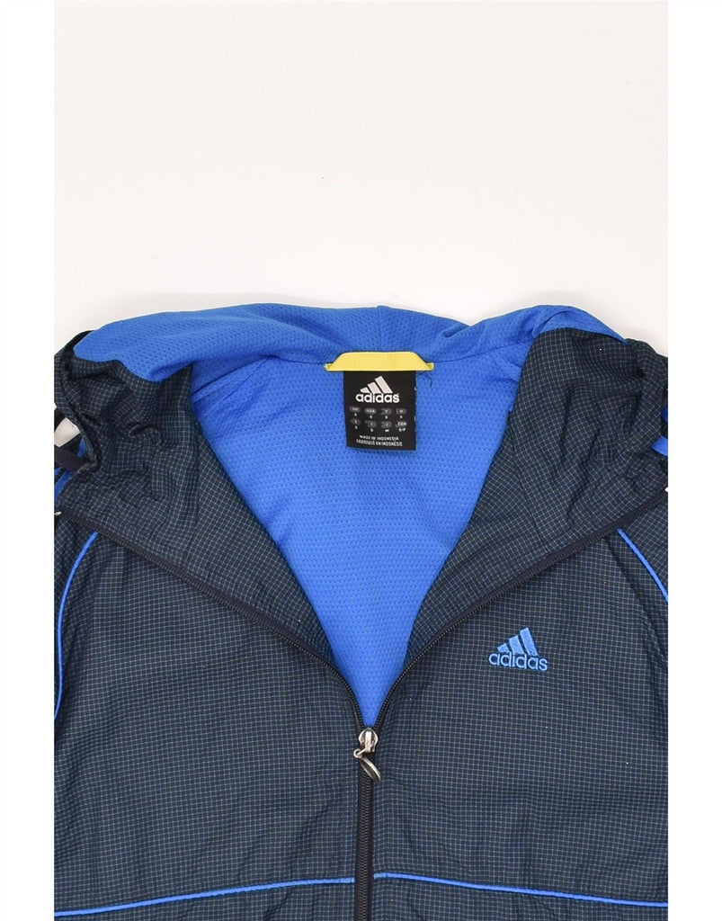 ADIDAS Mens Hooded Rain Jacket UK 36 Small Navy Blue Check Polyamide Vintage Adidas and Second-Hand Adidas from Messina Hembry 