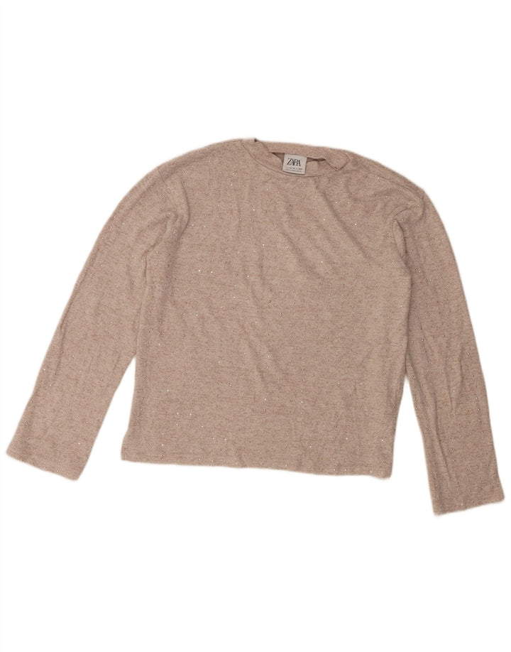 Zara Girls Top Long Sleeve 13-14 Years Beige Polyester