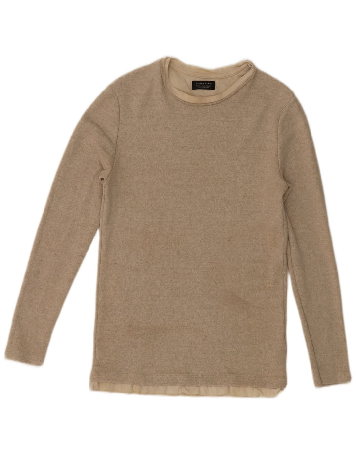 Zara Mens Top Long Sleeve Large Beige Polyester