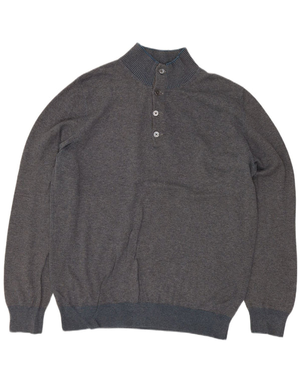 Massimo Dutti Mens Button Neck Jumper Sweater Large Grey Cotton