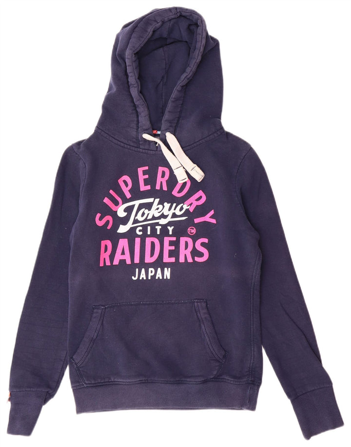 SUPERDRY Womens Graphic Hoodie Jumper UK 10 Small Navy Blue Cotton