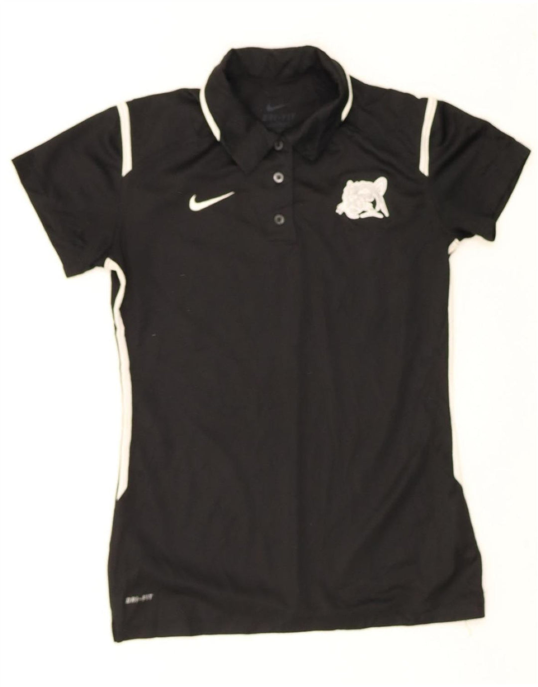 NIKE Womens Dri Fit Graphic Polo Shirt UK 10 Small Black Polyester Vintage Nike and Second-Hand Nike from Messina Hembry 