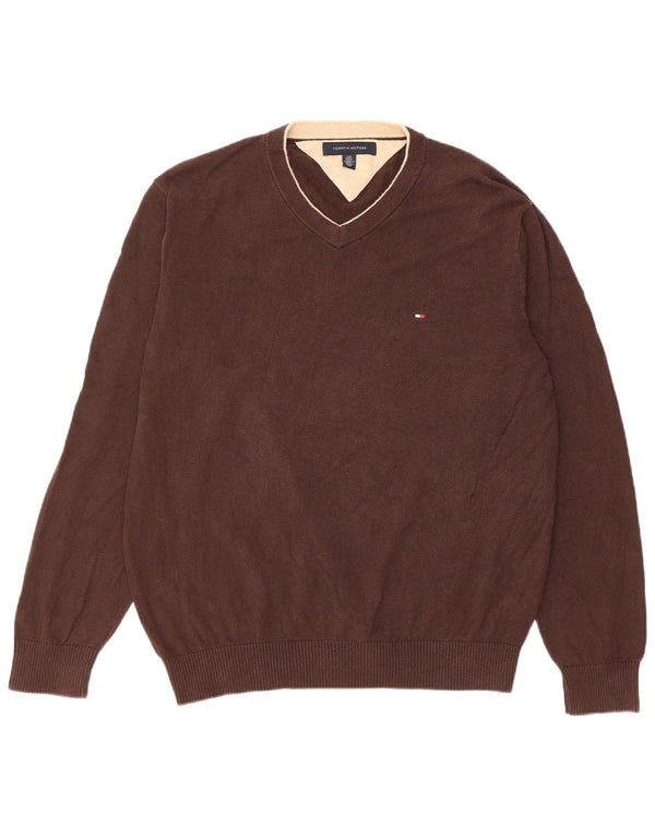 Tommy Hilfiger Mens V-Neck Jumper Sweater Large Brown Cotton