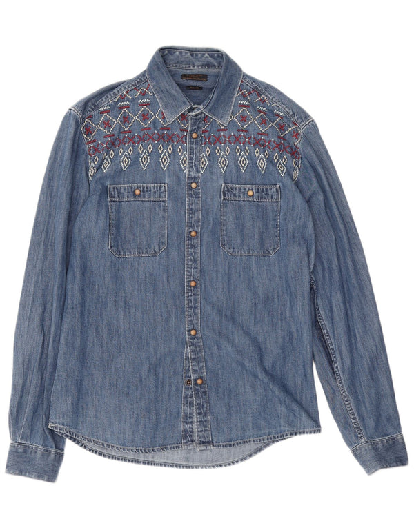 Zara Mens Slim Fit Denim Shirt Large Blue Geometric