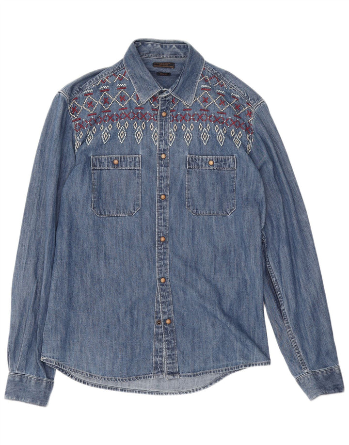 Zara Mens Slim Fit Denim Shirt Large Blue Geometric