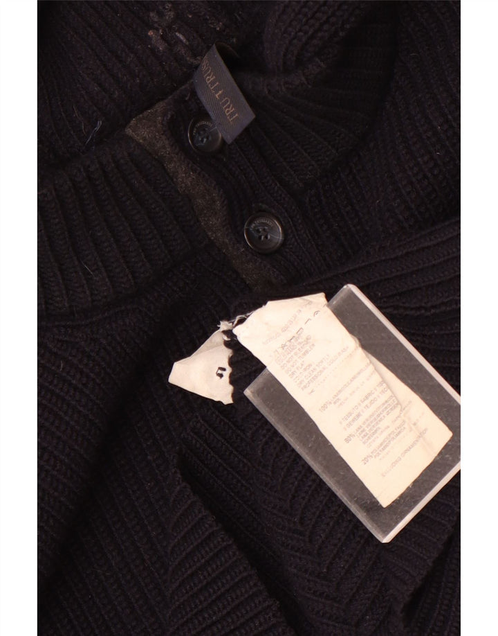 Trussardi Mens Hooded Button Neck Jumper Sweater Medium Navy Blue Wool