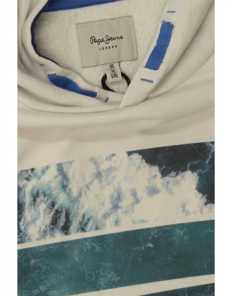 PEPE JEANS Boys Graphic Hoodie Jumper 15-16 Years Medium White Cotton Vintage PEPE Jeans and Second-Hand PEPE Jeans from Messina Hembry 