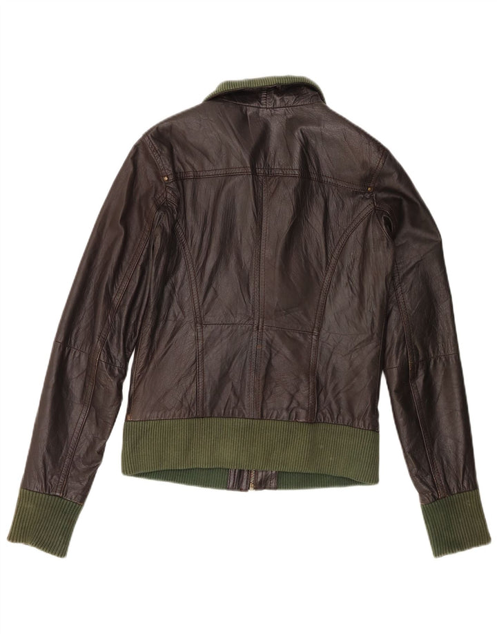 Bershka Womens Bomber Leather Jacket UK 12 Medium Brown Leather