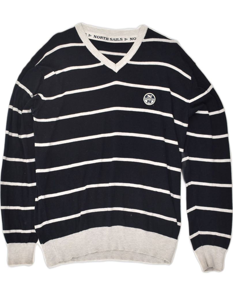 NORTH SAILS Mens V-Neck Jumper Sweater 2XL Navy Blue Striped Cotton | Vintage North Sails | Thrift | Second-Hand North Sails | Used Clothing | Messina Hembry 