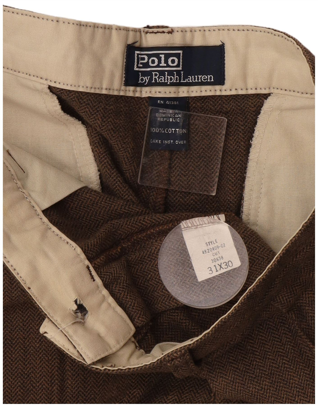 Polo Ralph Lauren Mens Casual Trousers W31 L30 Brown Herringbone Cotton