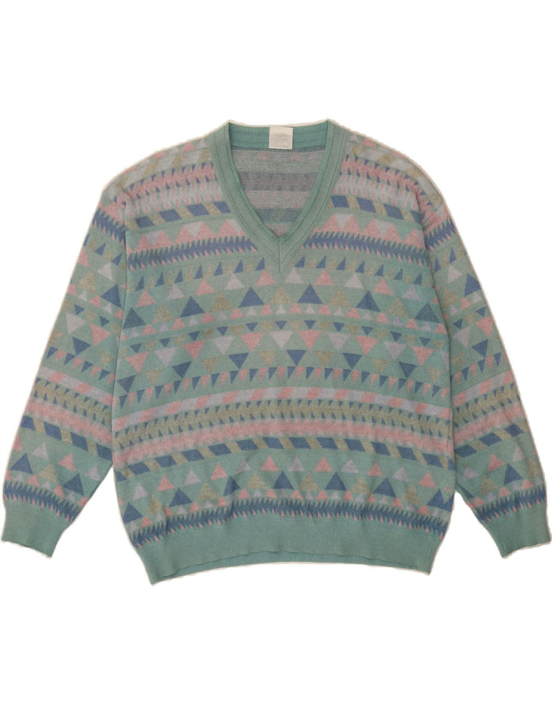 INCOGNITO Mens V-Neck Jumper Sweater IT 52/54 Large Green Geometric Cotton Vintage Incognito and Second-Hand Incognito from Messina Hembry 