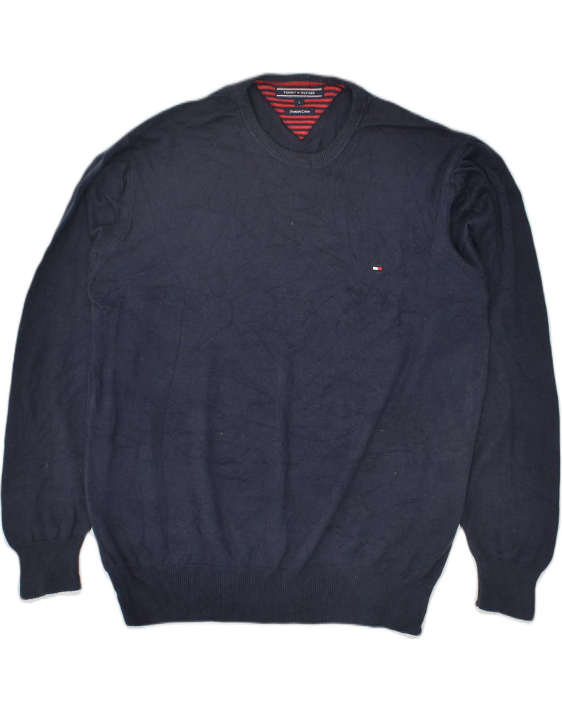 TOMMY HILFIGER Mens Crew Neck Jumper Sweater Large Navy Blue Cotton | Vintage Tommy Hilfiger | Thrift | Second-Hand Tommy Hilfiger | Used Clothing | Messina Hembry 